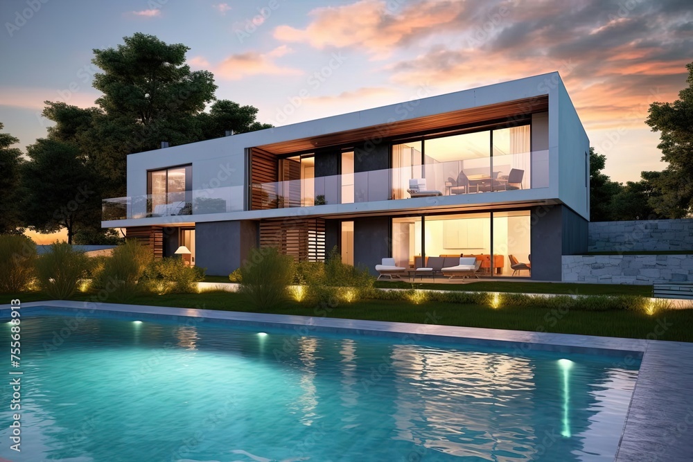 Fototapeta premium Modern House with Pool and Green Garden, Serene Sunset Retreat