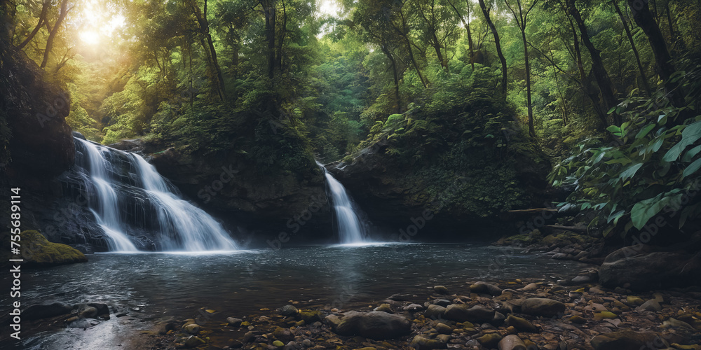 Fototapeta premium Fantasy landscape with waterfalls, panorama.