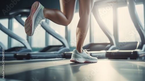 Cropped photo of Women's legs in white sneakers running on a treadmill in the gym. Cardio Exercises, Athletic Sprinter, Runner, Fitness, Sports, Healthy Lifestyle concepts. A Horizontal Banner. © liliyabatyrova