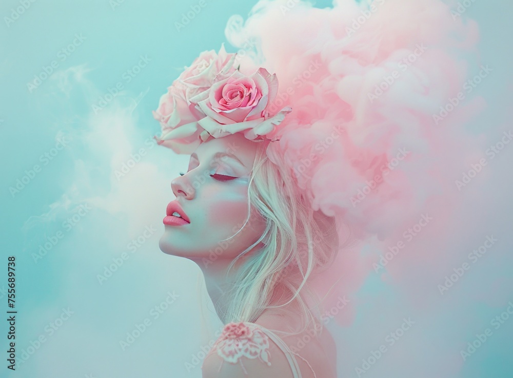 Beautiful blonde woman with a rose on her head,style of romatic fantasy, pink smoke.