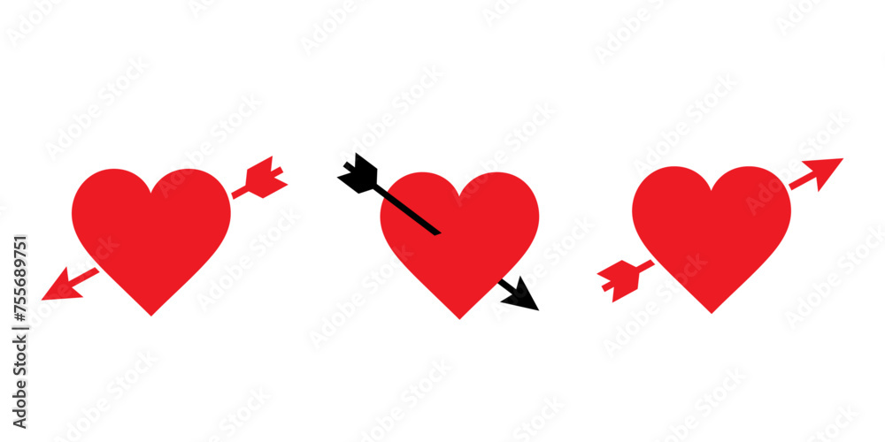 Set with through pierced heart. Lovestruck or arrow through heart flat vector icon for apps and websites