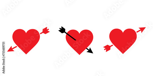 Set with through pierced heart. Lovestruck or arrow through heart flat vector icon for apps and websites