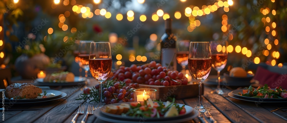 A luxurious dinner table in a pleasant atmosphere. The beautiful scenery makes for a wonderful night. Images like this are often used to post on social media, write blogs or set as wallpaper.