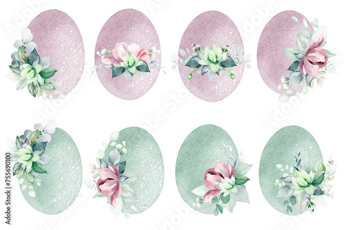 Collection Easter eggs. Watercolour design symbol on a white background. Spring holiday symbol of family. Religion decorative icon.