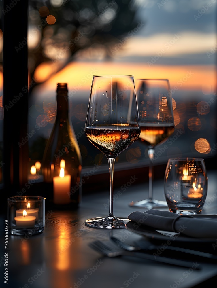 Obraz premium A luxurious dinner table in a pleasant atmosphere. The beautiful scenery makes for a wonderful night. Images like this are often used to post on social media, write blogs or set as wallpaper.