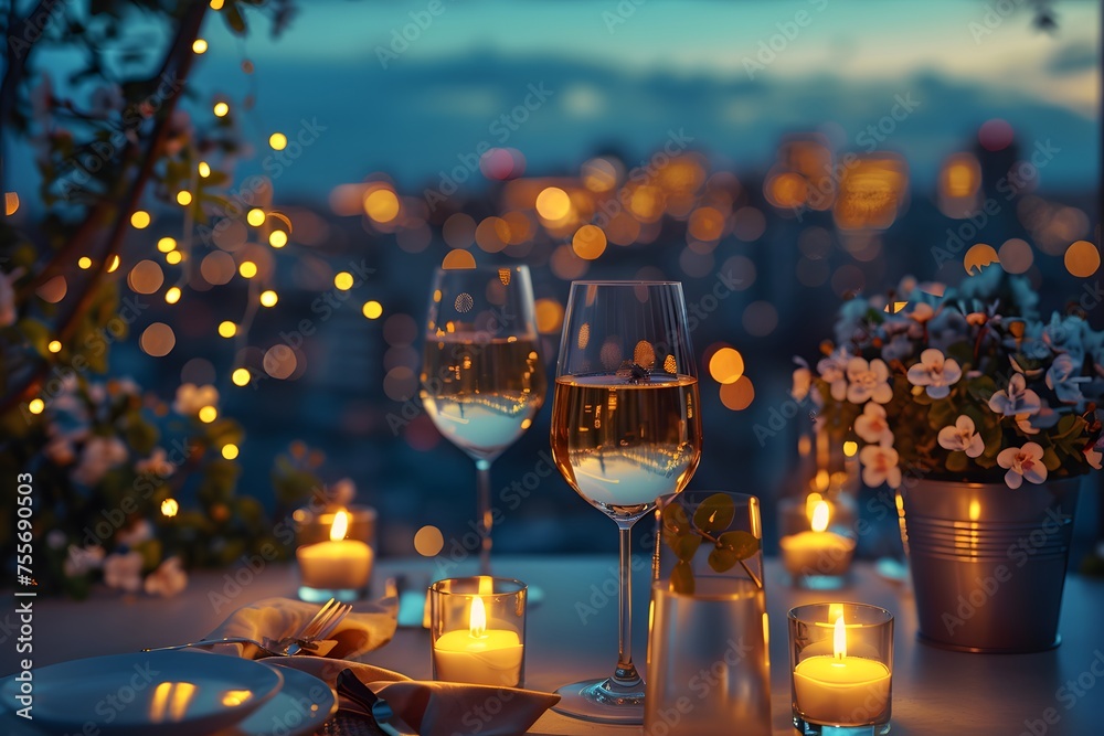 A luxurious dinner table in a pleasant atmosphere. The beautiful scenery makes for a wonderful night. Images like this are often used to post on social media, write blogs or set as wallpaper. - obrazy, fototapety, plakaty 