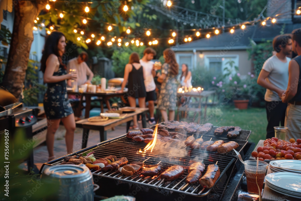 Barbecue party with people in the background, grilled steak, grilled meat and vegetables, summer party, barbecue in the garden, people having fun, family and friends, bbq Barbecue party with people in the background, grilled steak, grilled meat and vegetables, summer party, barbecue in the garden, people having fun, family and friends, bbq