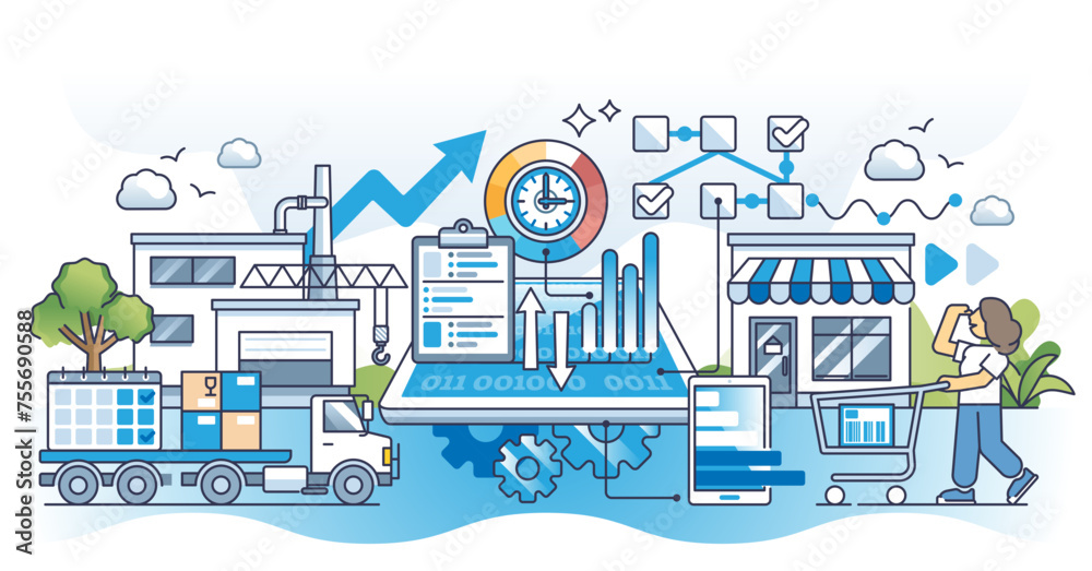 Analytics in supply chain and effective process improvement outline concept, transparent background. Business agility or smart automation. - obrazy, fototapety, plakaty 
