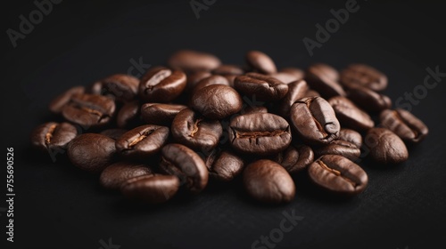 Freshly roasted coffee beans on white background. Close-up with shallow depth of field and dark background. Arranged in a rustic coffee shop. For coffee industry and equipment.