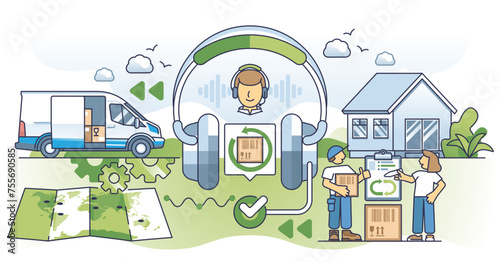 Customer service and returns in supply chain management outline concept, transparent background. Process of sending back order or giving back old parcel for recycling illustration.
