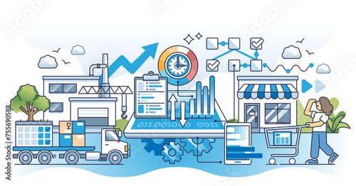 Analytics in supply chain and effective process improvement outline concept, transparent background. Business agility or smart automation.