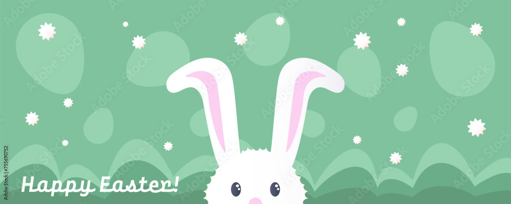 Happy Easter banner with flat graphic elements and symbols of the Holiday, decorated eggs and bunny. Vector illustration with text greeting.