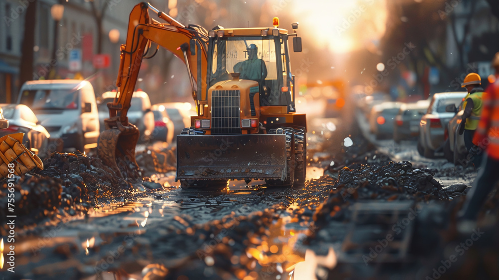 Vibrant Road Construction Scene: Workers and Machinery in Action Vibrant Road Construction Scene: Workers and Machinery in Action