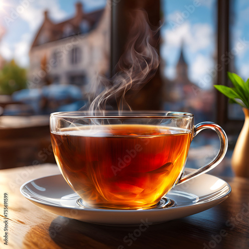 steaming cup of tea on wooden table.