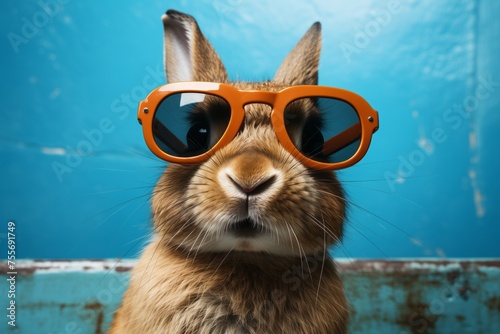 A curious brown rabbit with orange glasses looks through a torn blue background, evoking playfulness and surprise