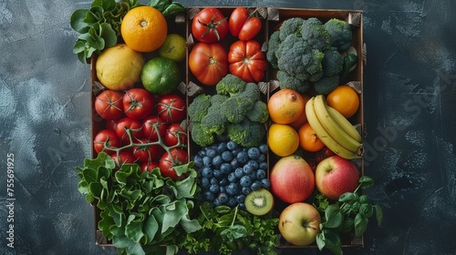 A variety of fruits and vegetables arranged in a square