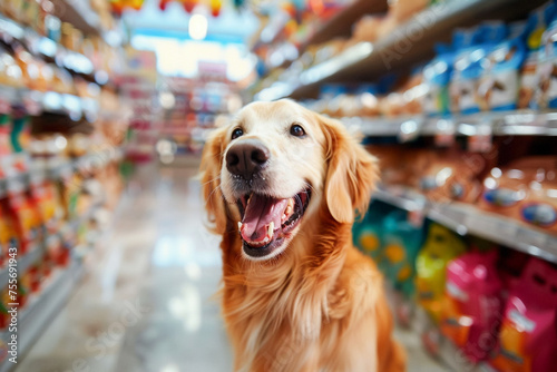 Dog in pet shop, exploring shelves, looking for treats, store interior.