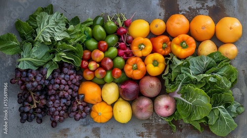 A variety of fruits and vegetables arranged in a square