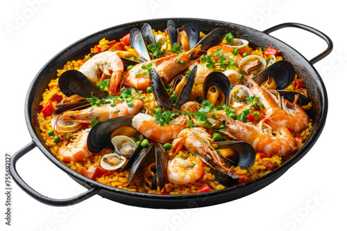 Spanish-style seafood paella, with a colorful mix of shrimp, mussels, squid, and fish, cooked with saffron-infused rice, served in a traditional paella pan on a white surface.