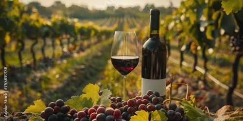 Wine bottle, wine glass and grapes on the background of the picturesque vineyard, + photoEOS