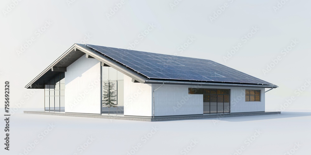 photovoltaic system image with solar panels on the roof of a house and on a white background without shading, + photo taken by realistic EOS 5D mark IV 