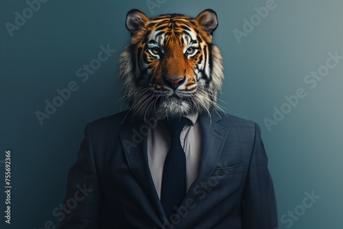  animal tiger jungle concept Anthromophic friendly wearing suite formal business suit pretending to work in coporate workplace studio shot on plain color wall 