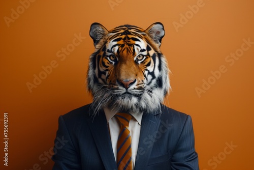 
animal tiger jungle concept Anthromophic friendly wearing suite formal business suit pretending to work in coporate workplace studio shot on plain color wall 