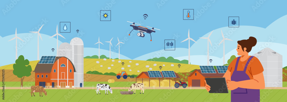 Smart farm horizontal vector banner.Woman farmer managing farm with ...