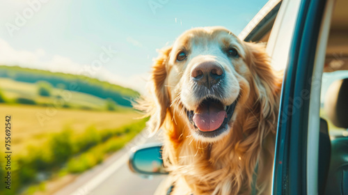 A dog looks out the car window on a sunny summer day. A golden retriever travels by car. Vacation