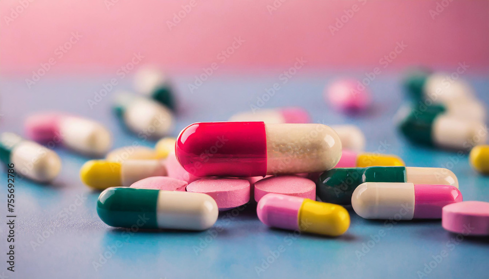 Pills and capsule on pastel pink blue background. Medical care and treatment. Health and cure illnesses. Pills and capsule on pastel pink blue background. Medical care and treatment. Health and cure illnesses.