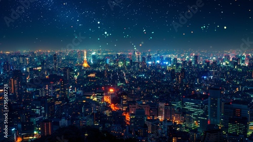 A vibrant cityscape illuminated by countless lights.