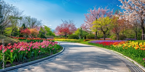 showing a charming park, the s-shaped path leads directly to the center of the park, with a strong regional atmosphere. both sides of the road are covered with dense maple trees, and the flowers