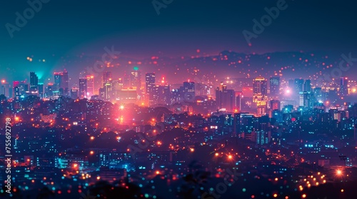 A vibrant cityscape illuminated by countless lights.