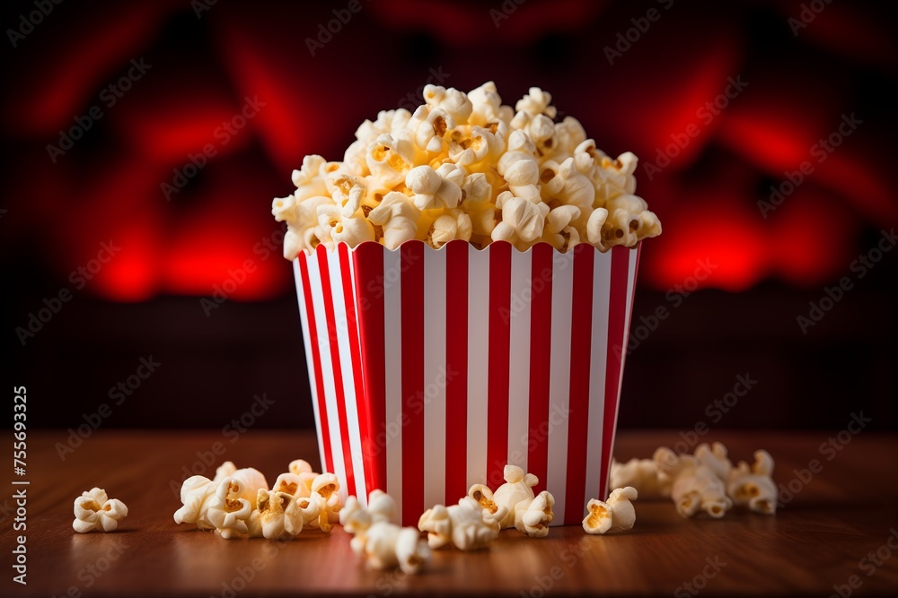 Close up image of a red and white striped popcorn cup with lots of popcorn in a movie theater with copy space Close up image of a red and white striped popcorn cup with lots of popcorn in a movie theater with copy space