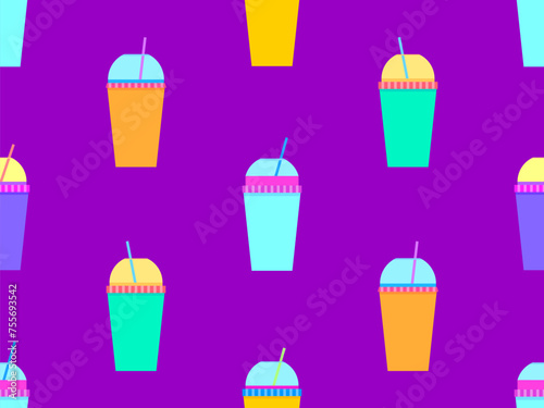 Seamless pattern with plastic or paper cups with a straw. Plastic and paper cups for carbonated drinks. Plastic smoothie glass with straw. Carbonated soft drinks. Vector illustration