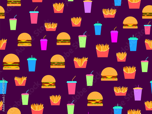 Fast food seamless pattern with hamburgers, drinks and fries. Cheeseburgers and hamburgers and fizzy soft drinks. Plastic and paper cups for carbonated drinks. Design for banners and wrapping paper.