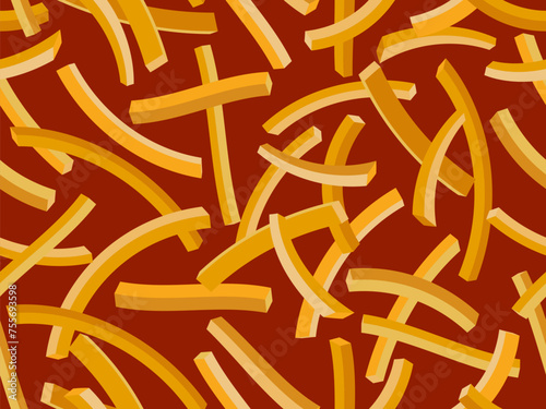 French fries seamless pattern. Fast food, 3D French fries. Deep-fried potatoes, a delicious appetizer. Design of banners, posters and promotional products. Vector illustration