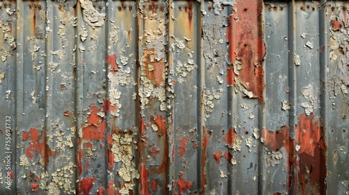 A weathered metal wall with peeling paint