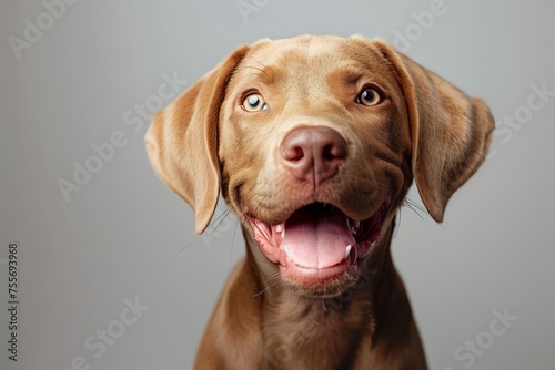 Cute playful doggy or pet is playing and looking happy isolated on transparent background. Brown weimaraner young dog is posing. Cute, happy crazy dog headshot smiling © Kristina