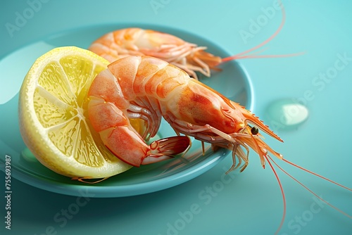 a shrimp on a plate with a lemon slice