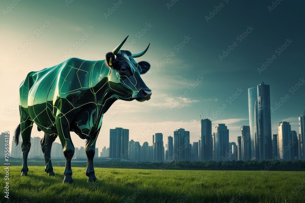 Obraz premium A futuristic cow on a green meadow against the backdrop of a cyber city. AI generative.