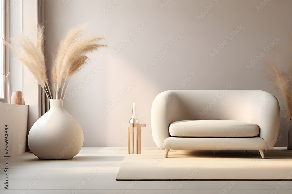 modern living room,how to enhance the aesthetic appeal of a small room with minimal furnishings, focusing on principles such as color coordination, scale and proportion, and incorporating statement pi - obrazy, fototapety, plakaty 