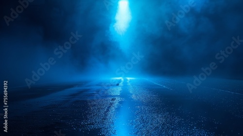 Dark empty scene, blue neon searchlight light, wet asphalt, smoke, night view, rays.