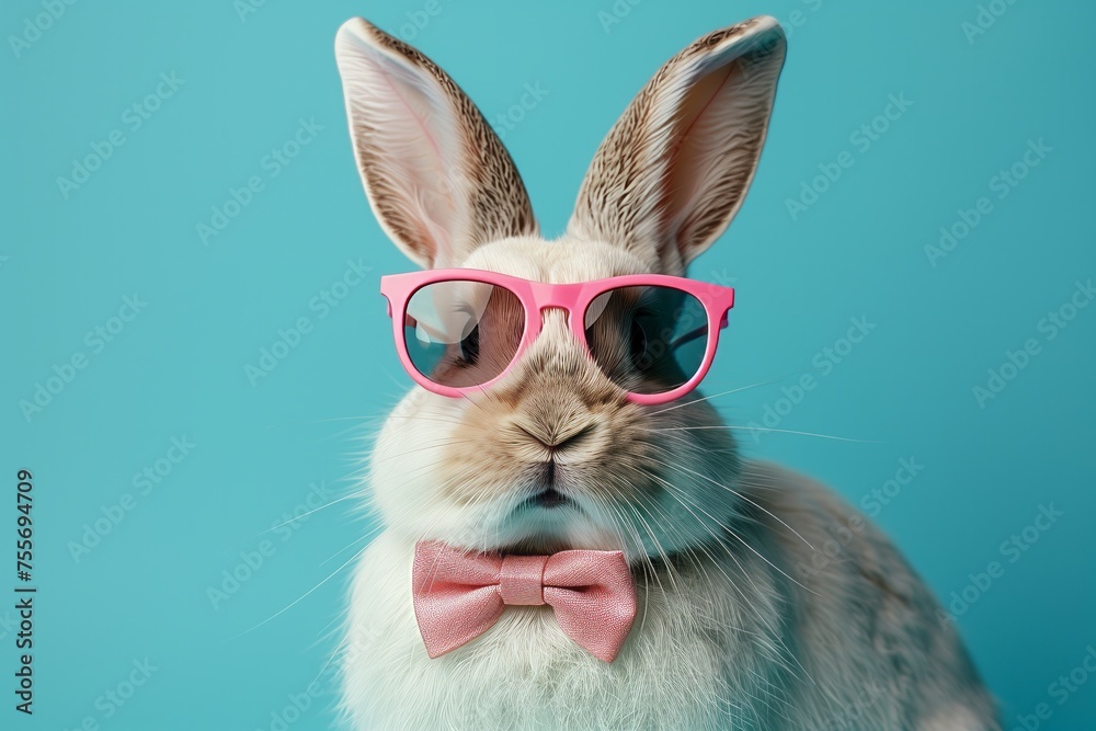 Funny easter concept holiday animal celebration greeting card - Cool easter bunny, rabbit with pink sunglasses and bow tie, isolated on blue background