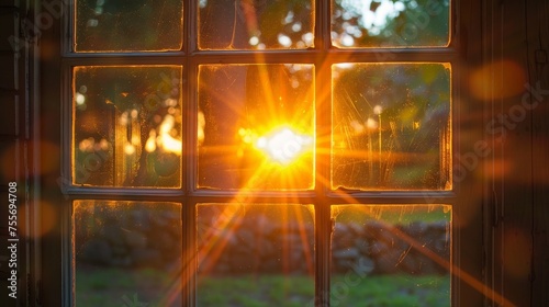 a window with the sun shining behind it