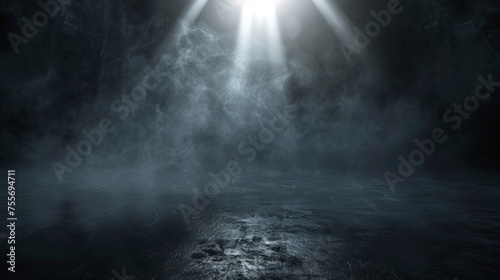 Empty space studio dark room with spot lighting and fog in black background photo