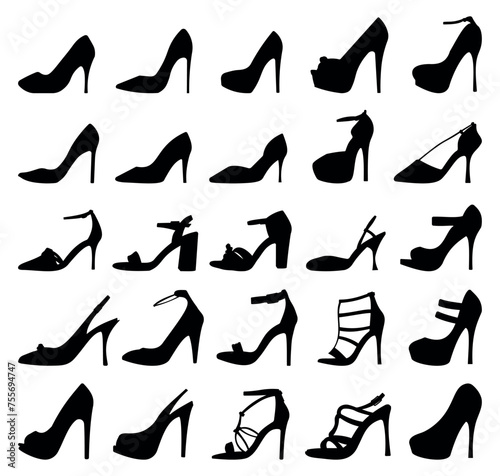 Collection of silhouette illustrations of types of women's high heel shoes