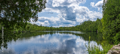 Panorama view of Crawford Lake, one of the few meromictic lakes (deep waters don't mix with surface waters) around the world, highlight of the Crawford Lake Conservation Area, Ontario Canada photo