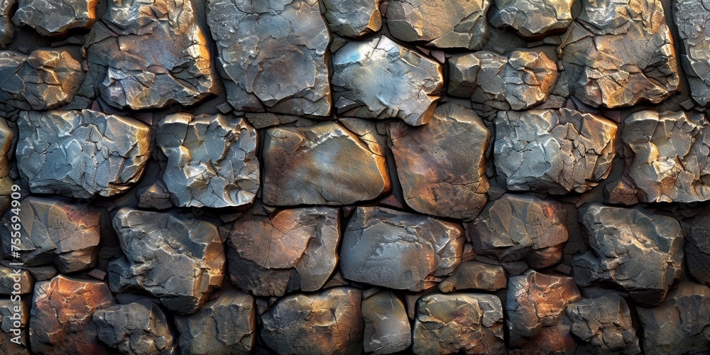 Fototapeta premium A stone wall pattern showcasing a combination of abstract elements, rough surfaces, and architectural details.