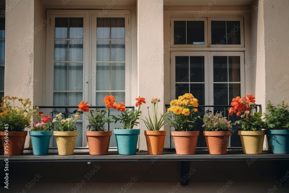 Fototapeta premium Beautiful flowers in pots on a vintage balcony. AI generative.